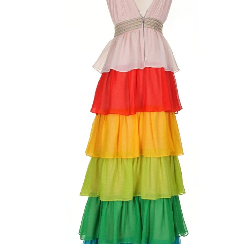 Alice + Olivia 2025 "Luba" Tiered Chiffon Rainbow Gown sz 4 - Picture 9 of 12